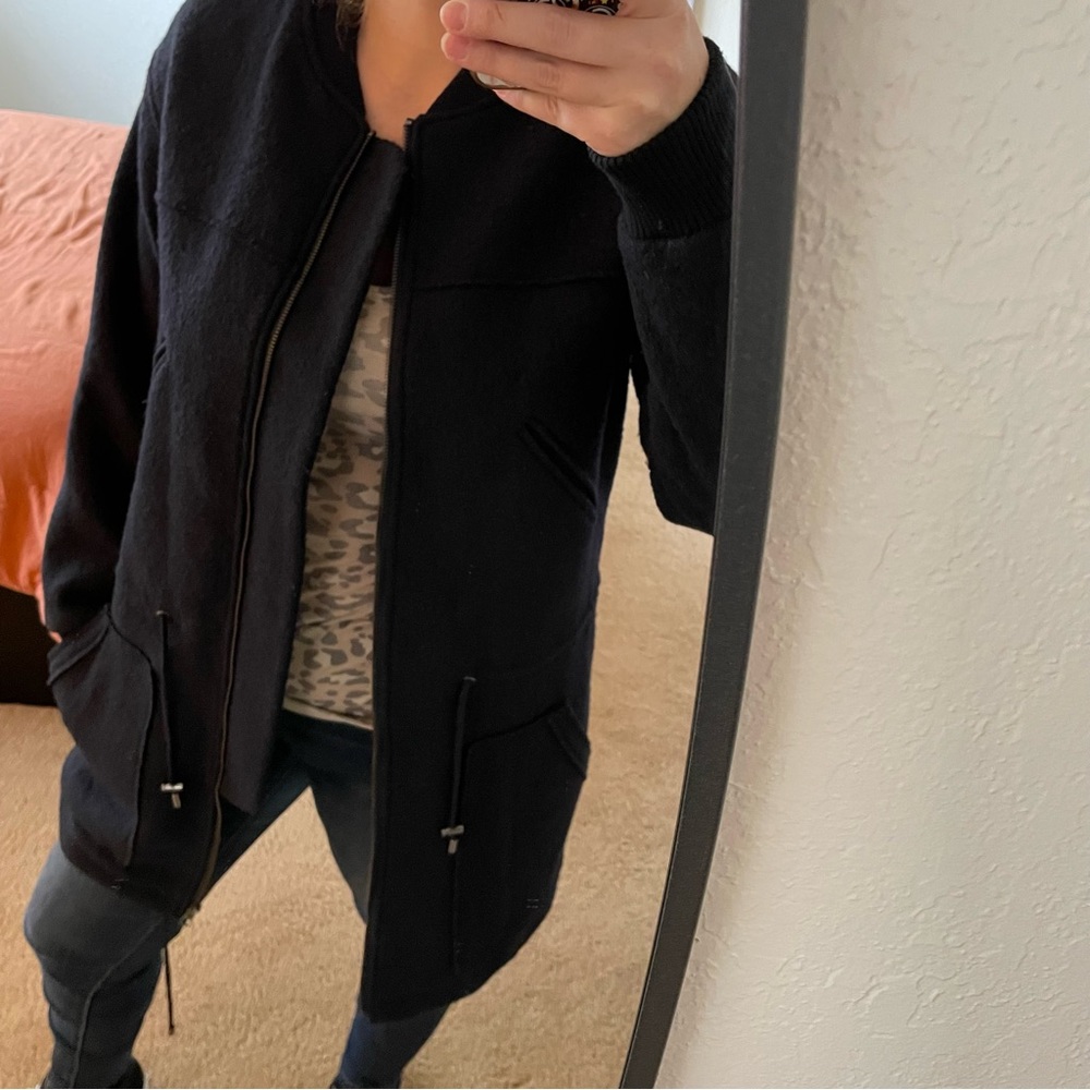 Mango suit navy blue wool coat jacket zip up and drawstring XS - Picture 2 of 11